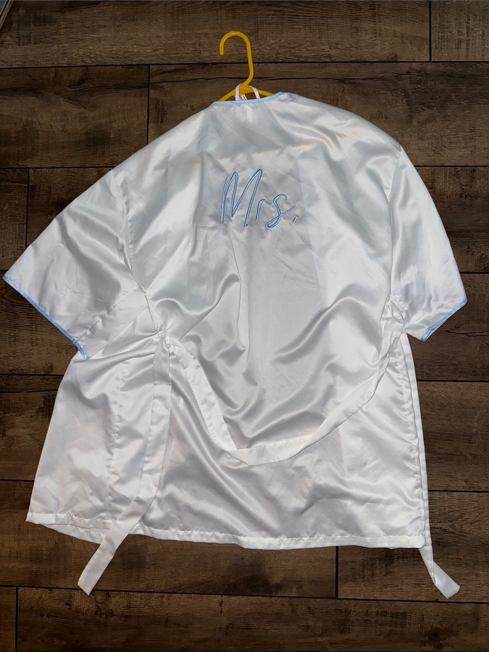 Mrs. Satin Bridal Robe in White with Blue Script
